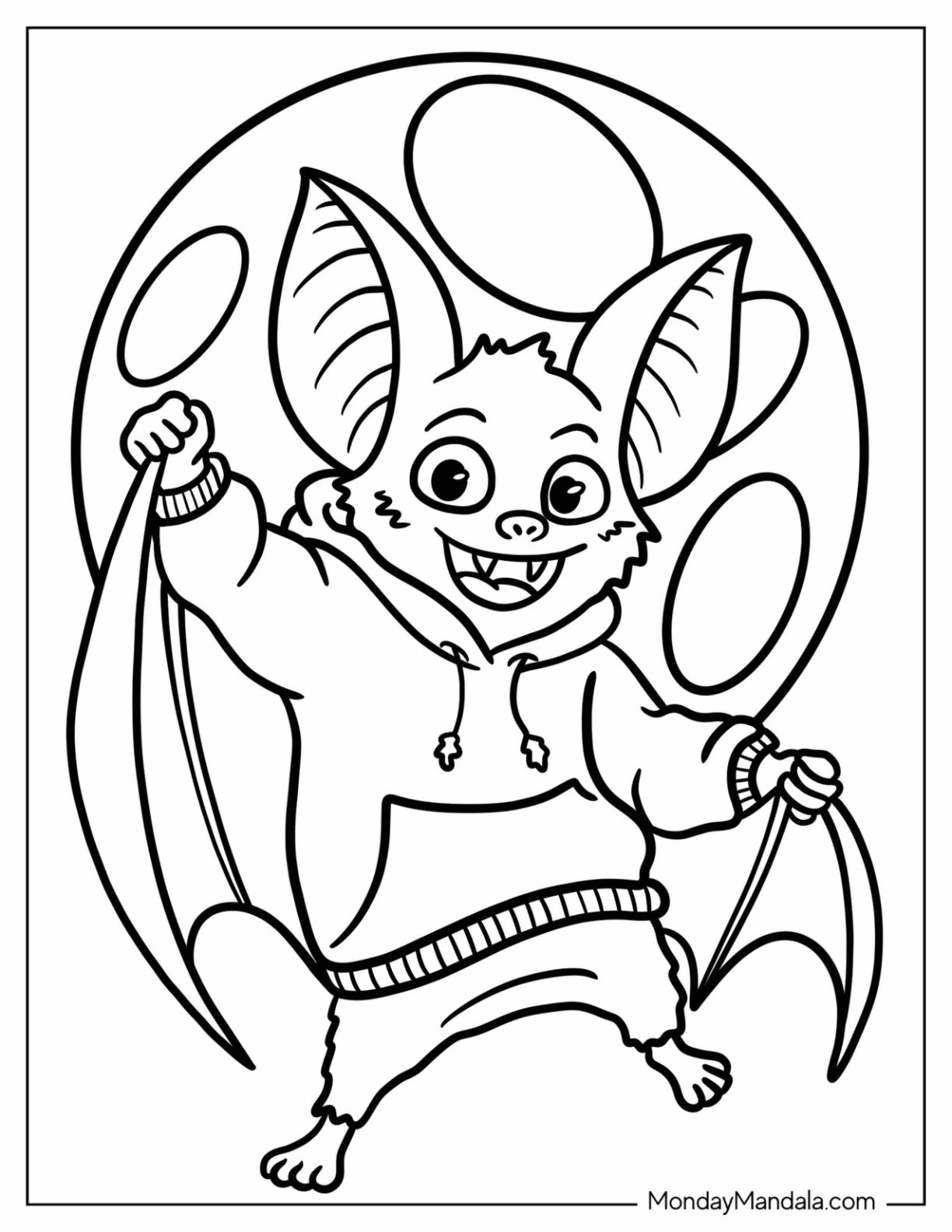 Teenage Bat Coloring Page in a Sweater with Full Moon Background for Kids