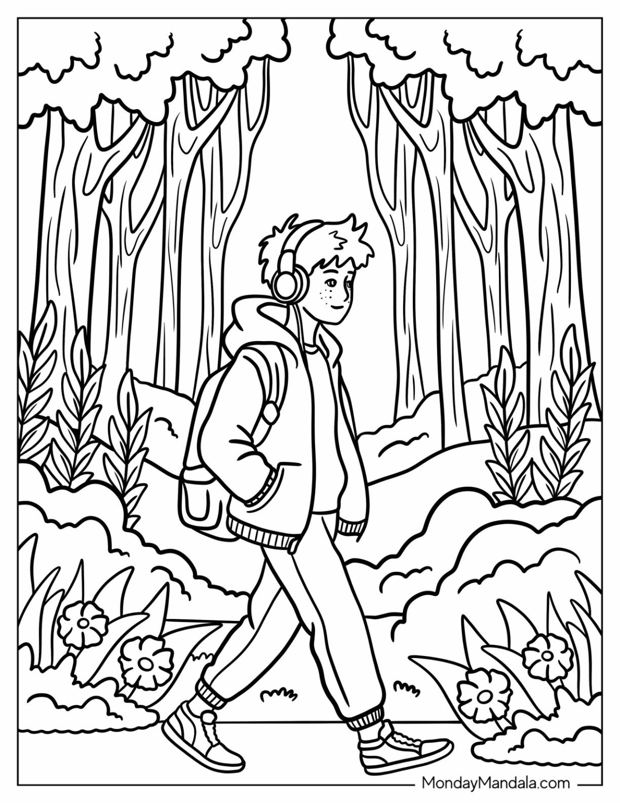 Teenage Boy With Headphones on Walking in the Forest Lofi Coloring Page