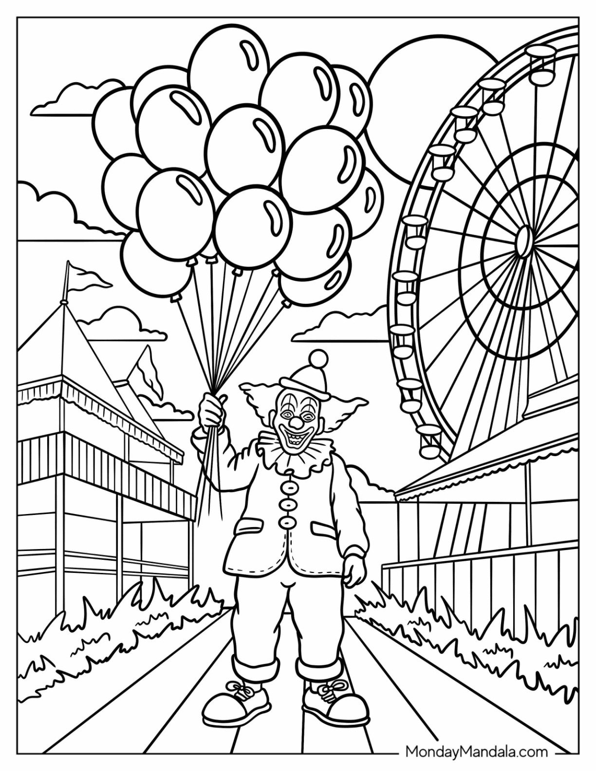Horror Coloring Page of Terrifying Clown at Abandoned Fairgrounds