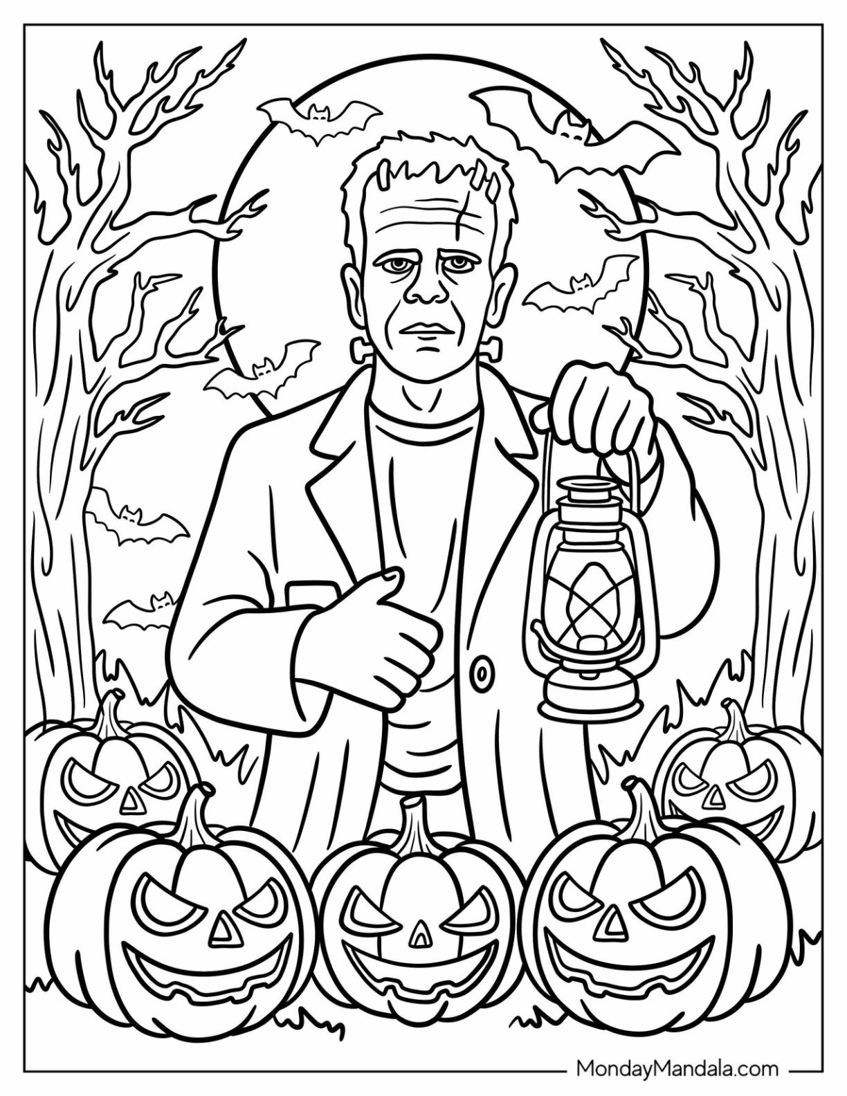 Terrifying Frankenstein Coloring Page Holding a Lantern Above Three Jack o Lanterns
