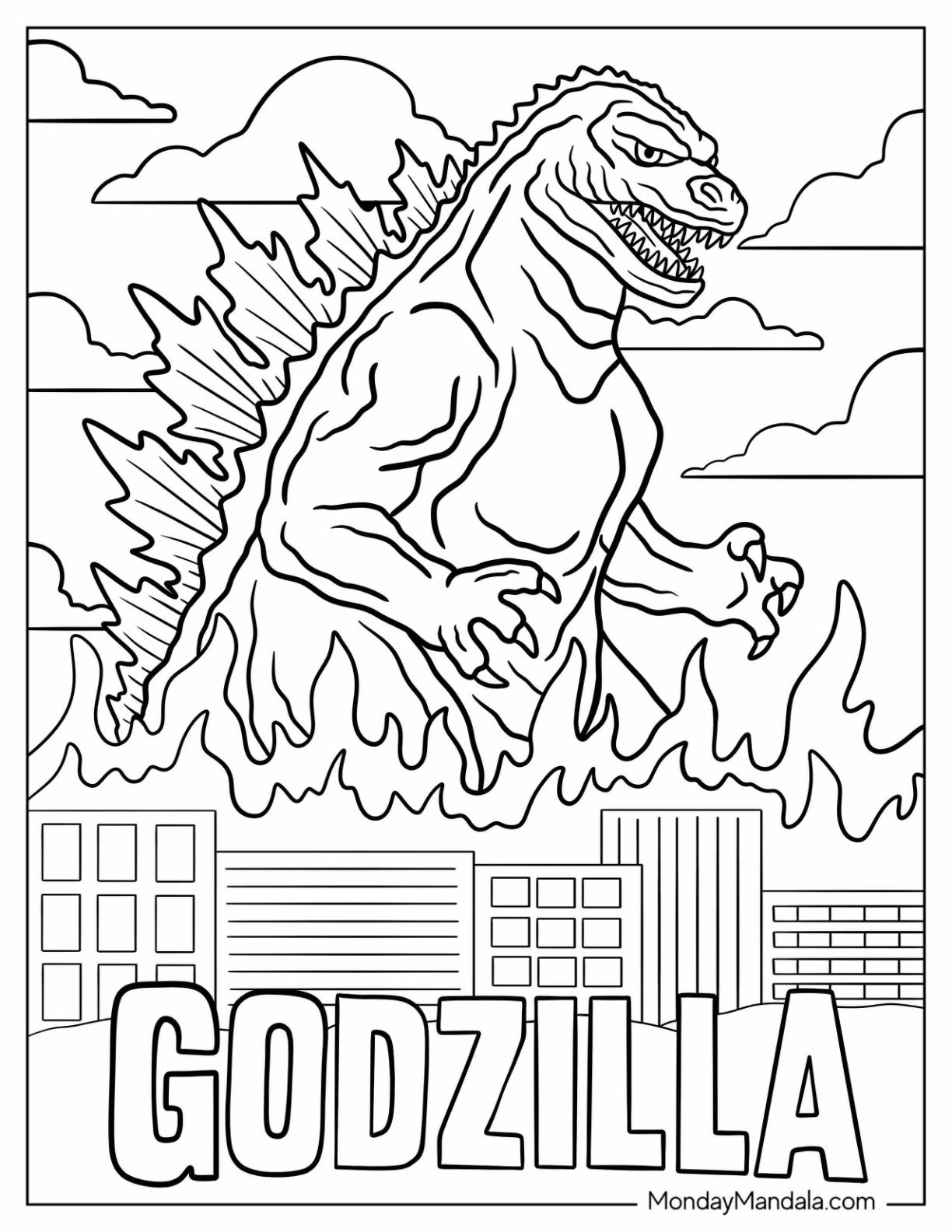 Terrifying Godzilla Coloring Page in a Burning City