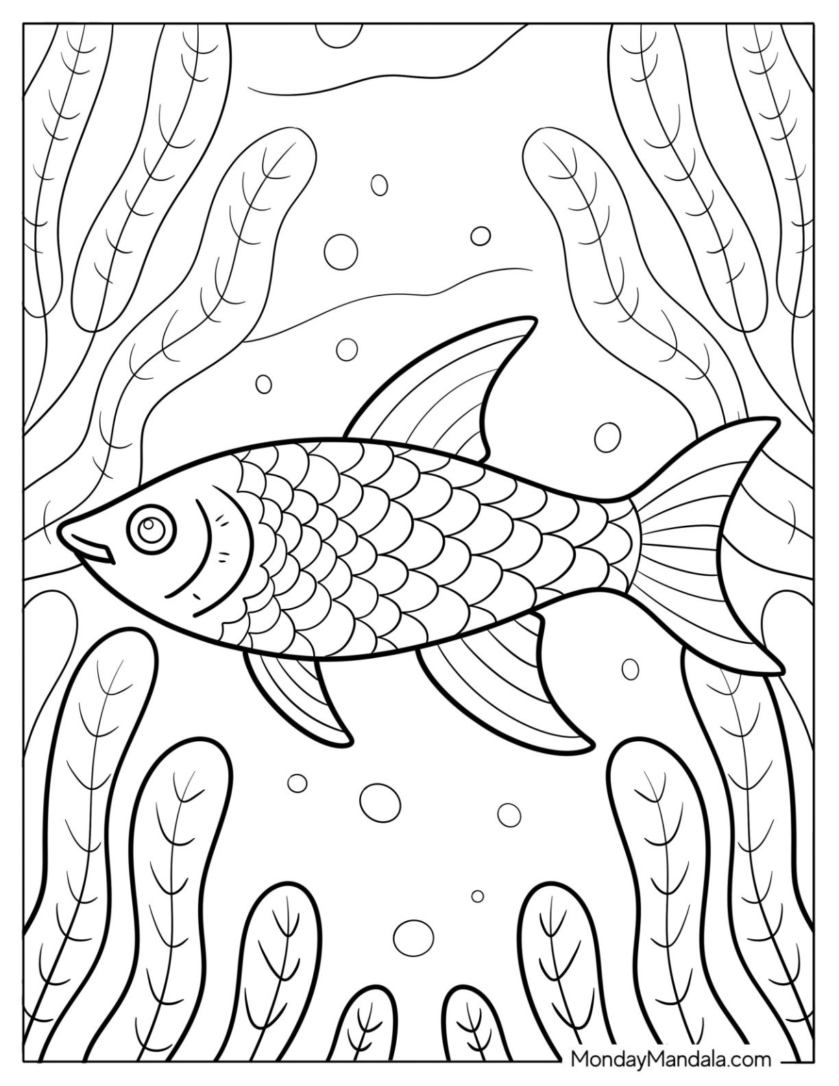Fish Coloring Page of Tetra Fish Swimming Through Freshwater Plants