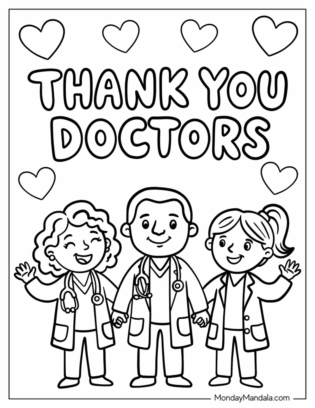 Thank You Doctors Text with Hearts Coloring Sheet