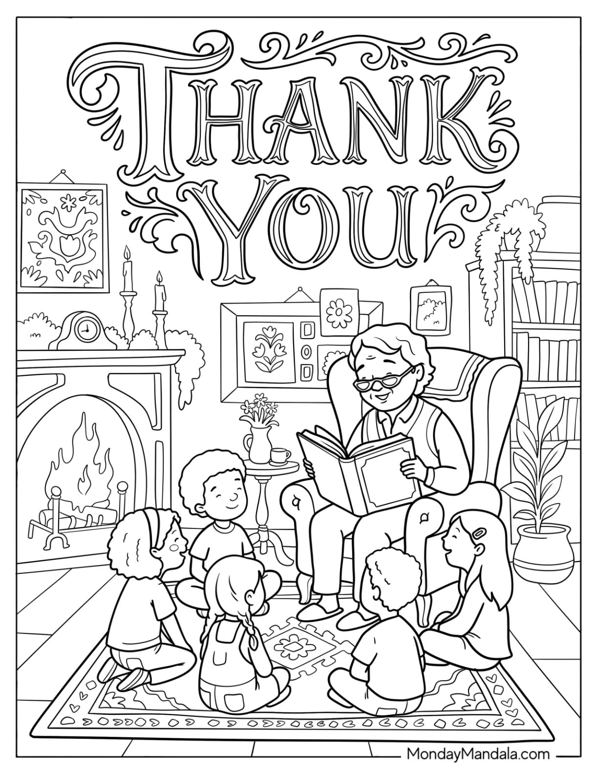 Thank You Text Over Grandpa Reading to Children