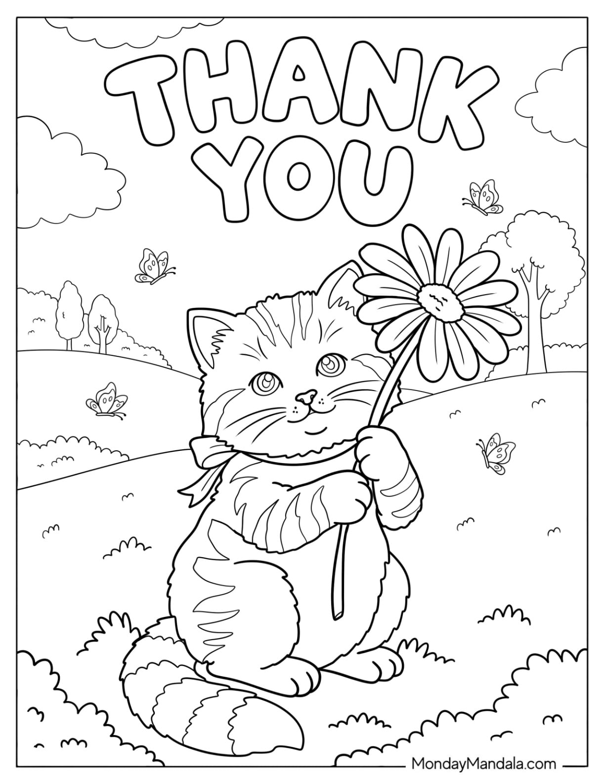 Thank You Text Over a Pretty Kitten Holding a Flower in a Park