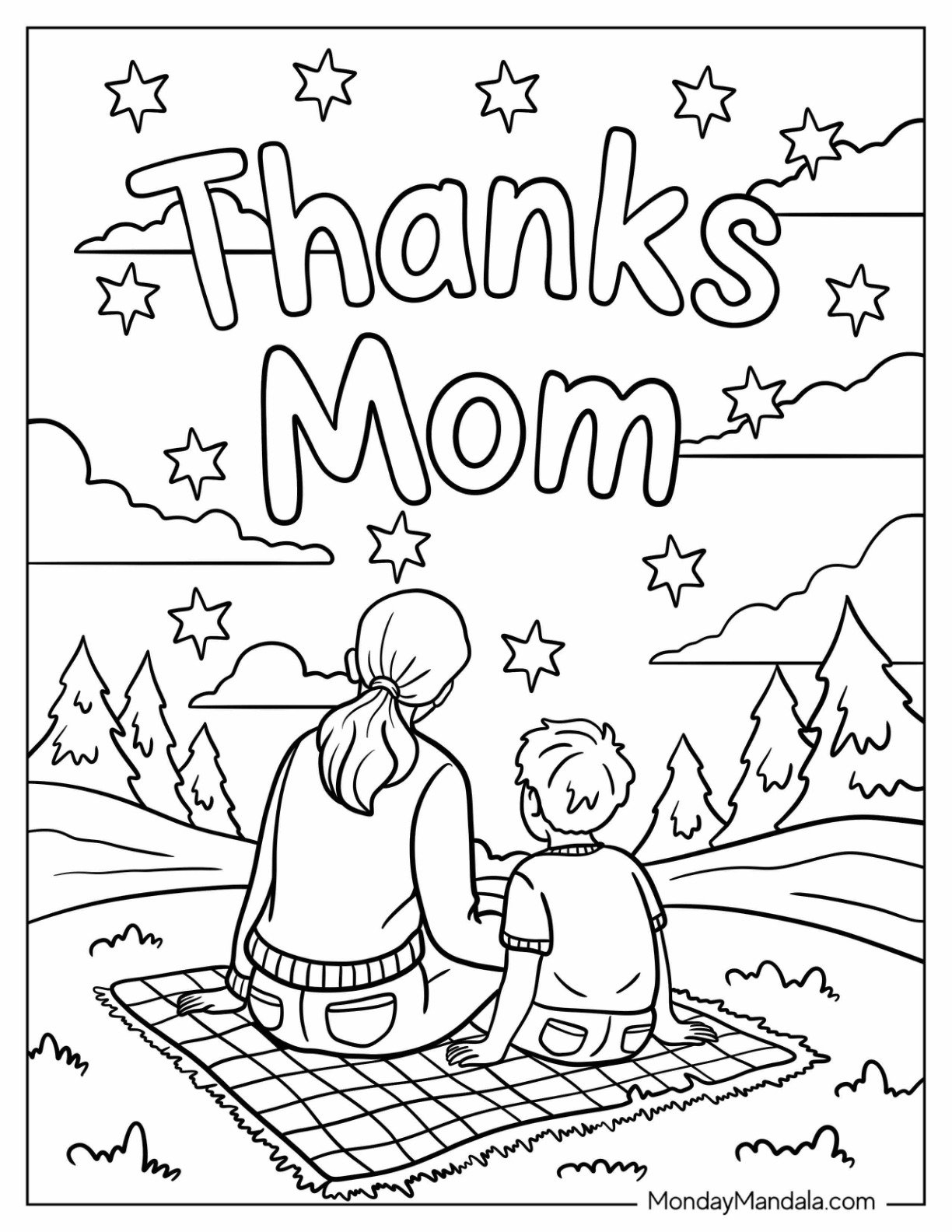 Mother's Day Coloring Page of Thanks Mom Words Above Mother and Child on a Picnic Mat
