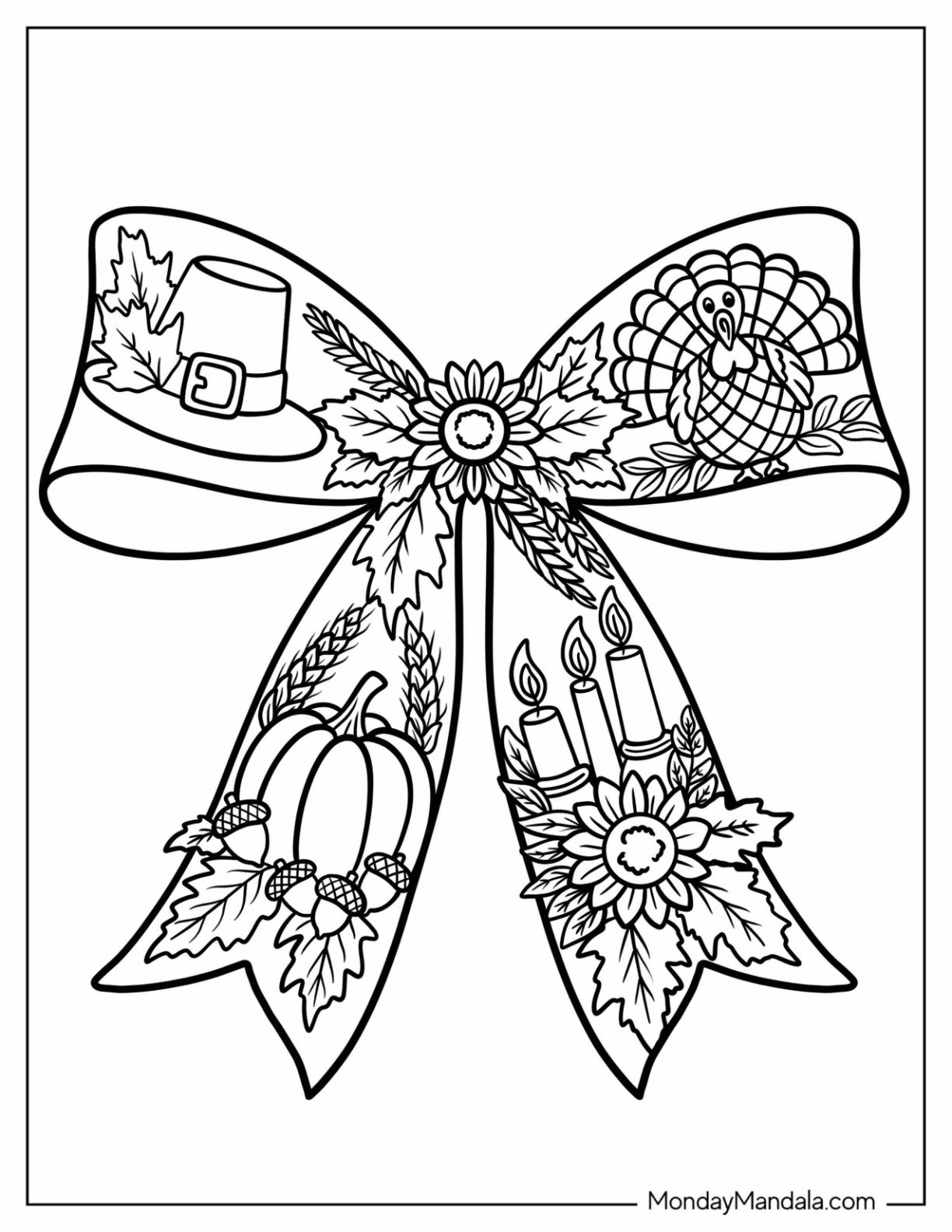 Thanksgiving Coloring Page of Bow with Pilgrim s Hat, Turkey, Acorns, Pumpkins, and Candles