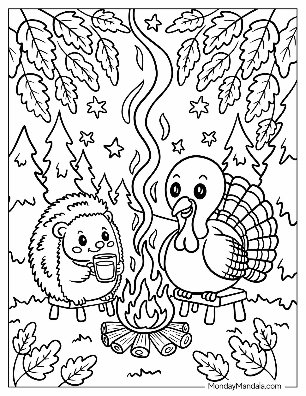 Thanksgiving Coloring Page Campfire with Turkey and Hedgehog in the Forest