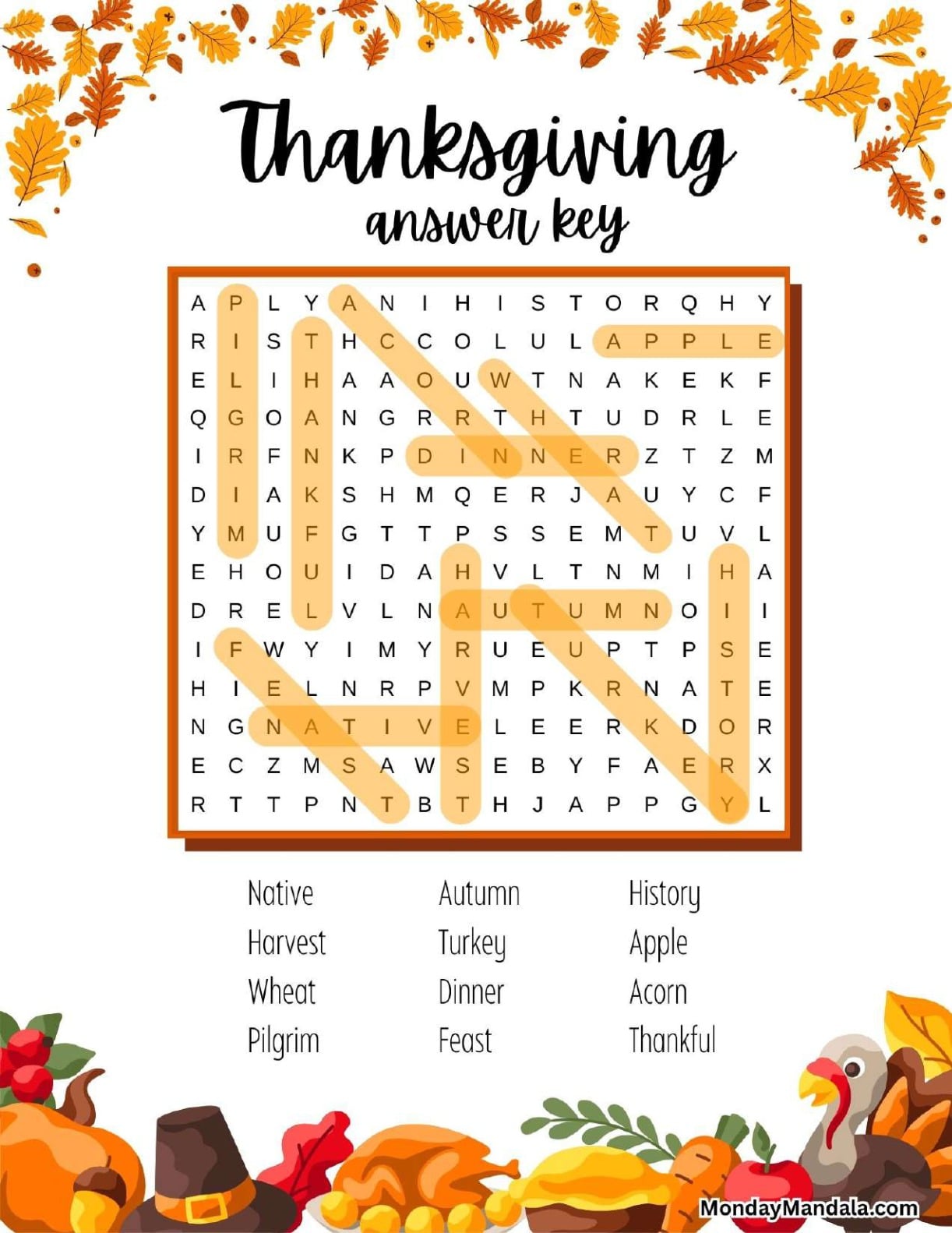 Thanksgiving Dinner Feast Word Search Answer Key
