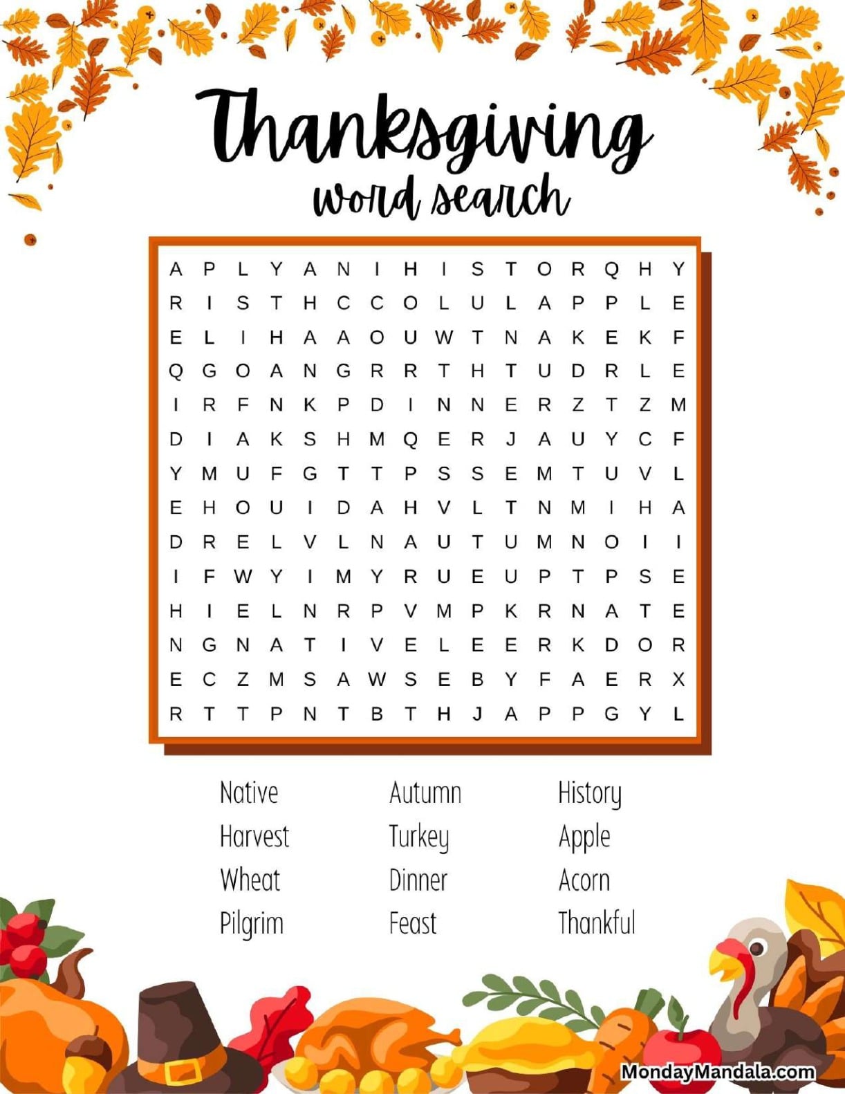 Thanksgiving Dinner Feast Word Search