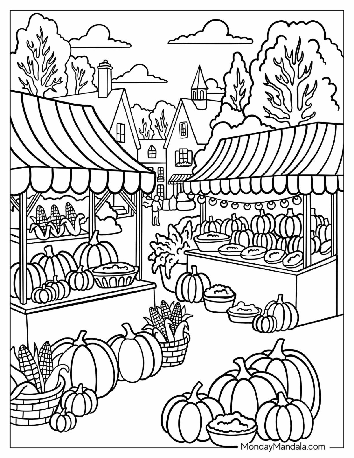 Thanksgiving Coloring Page Farmers Market with Pumpkins and Fall Produce