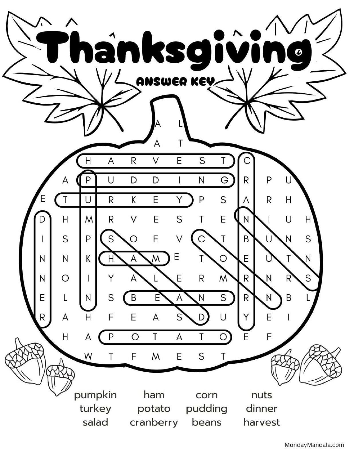 Thanksgiving Pumpkin Word Search Answer Key