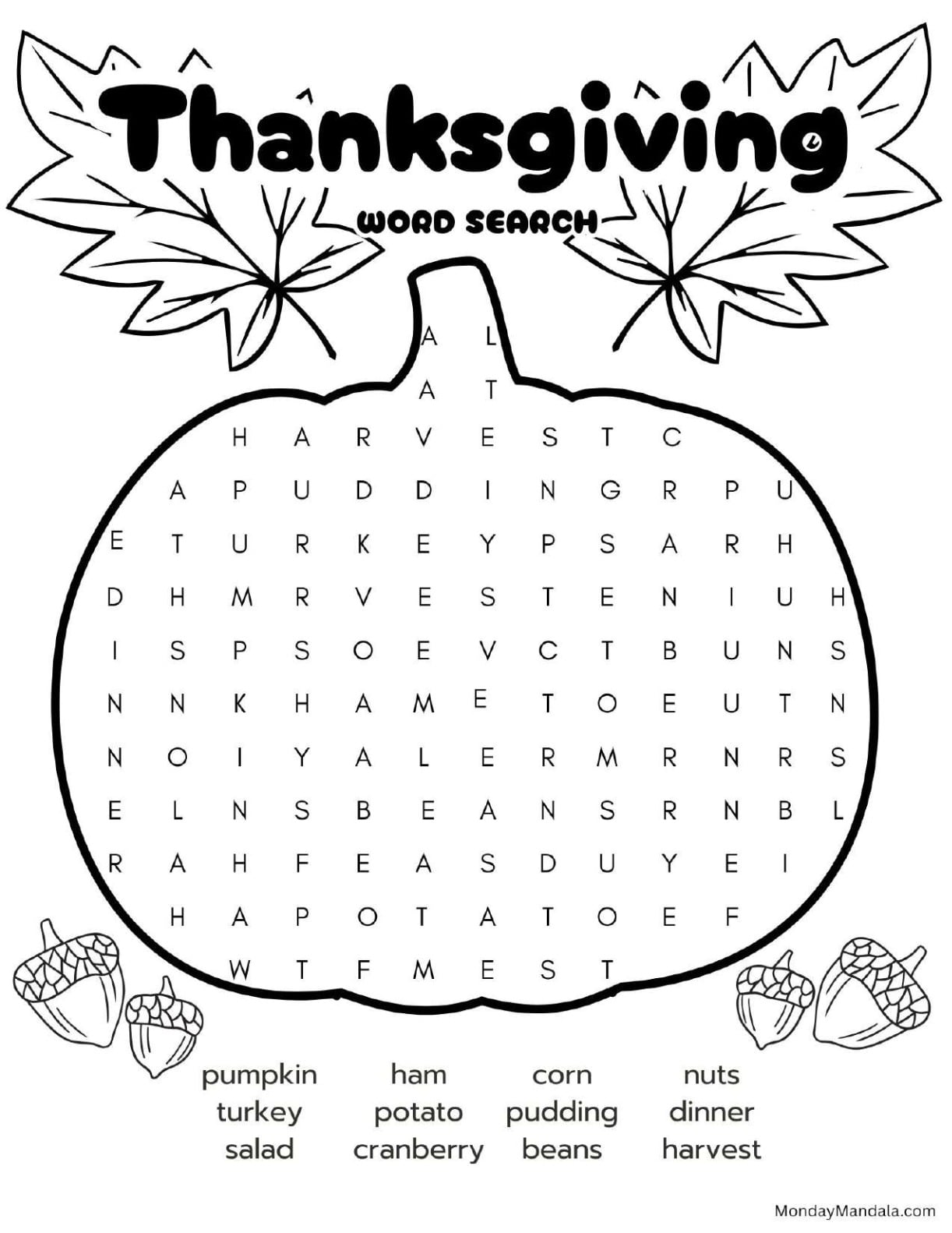 Thanksgiving Pumpkin Word Search