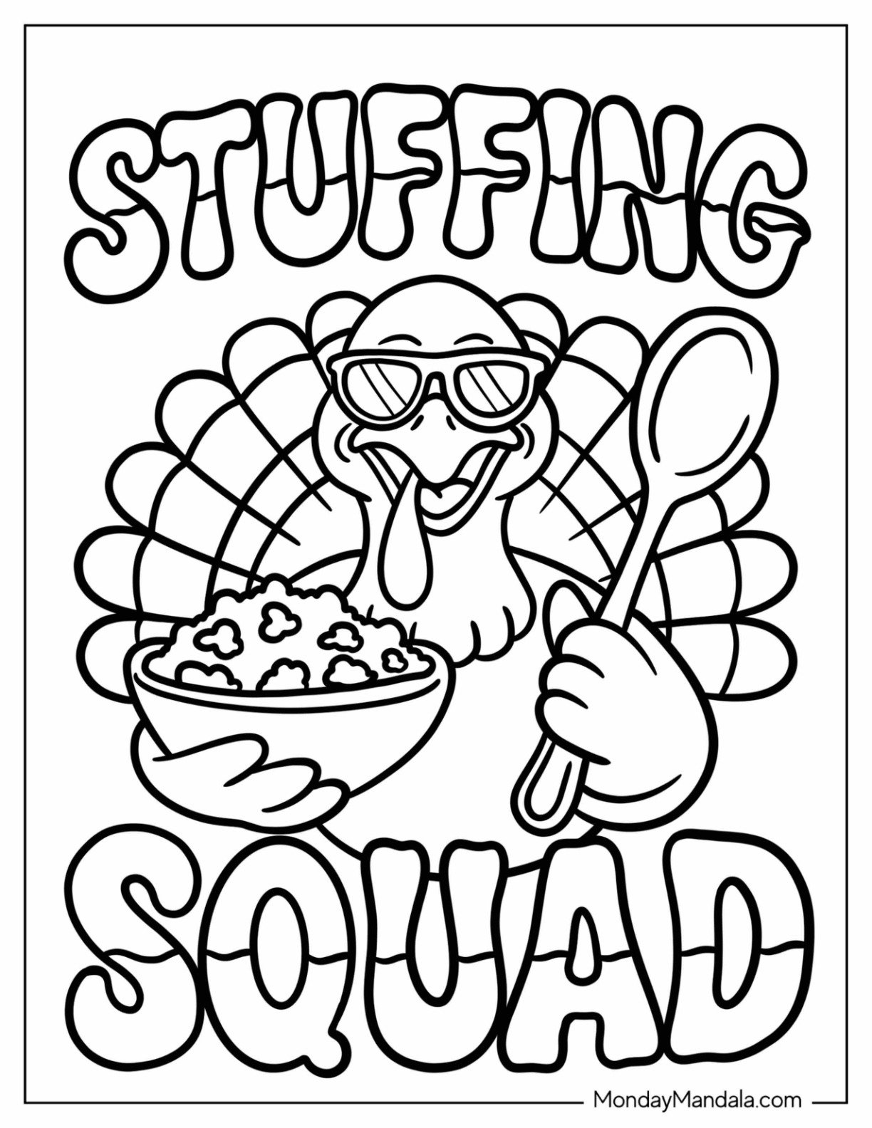 Thanksgiving Coloring Page Turkey Eating Stuffing for Preschoolers
