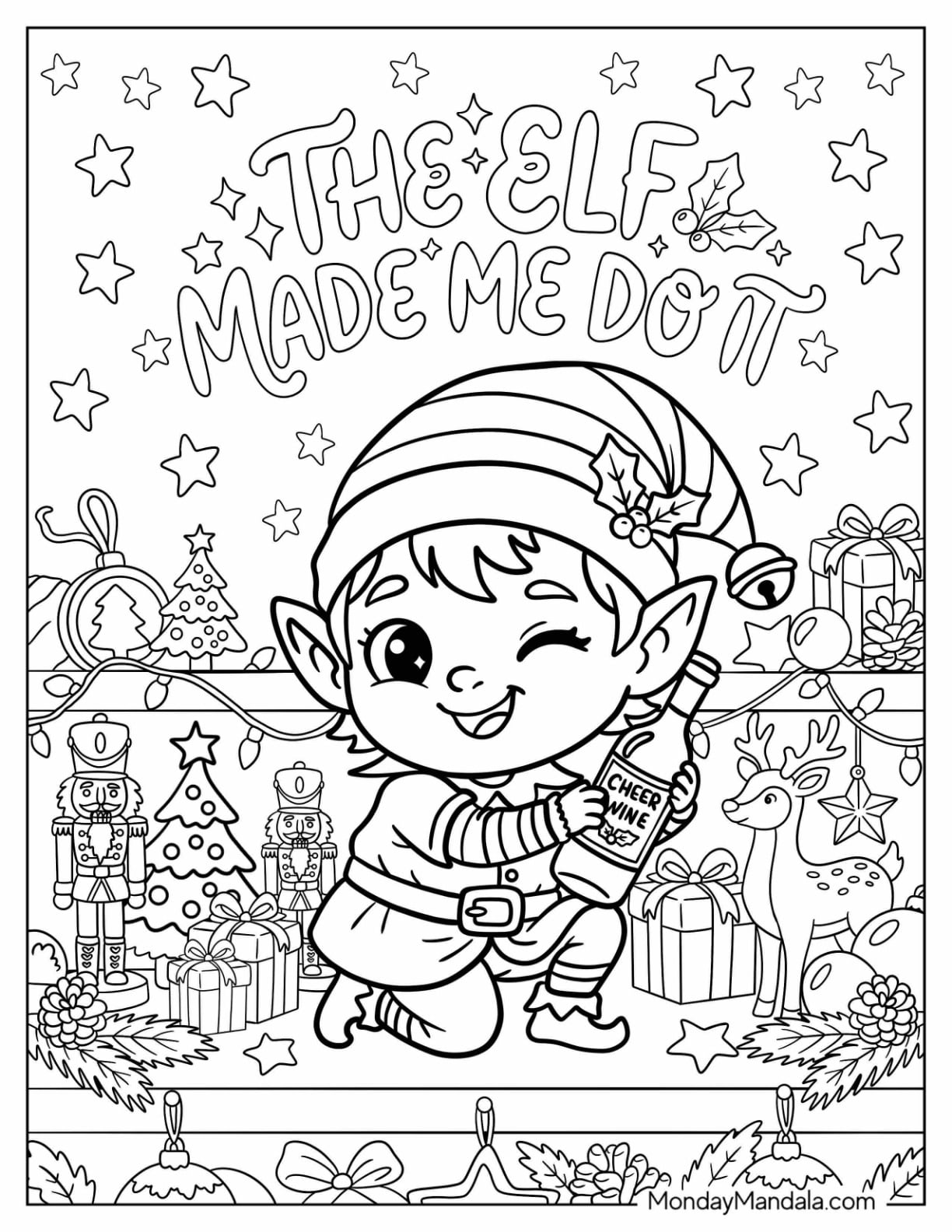 The Elf Made Me Do It Quote with Winking Elf Christmas Coloring Page for Adults