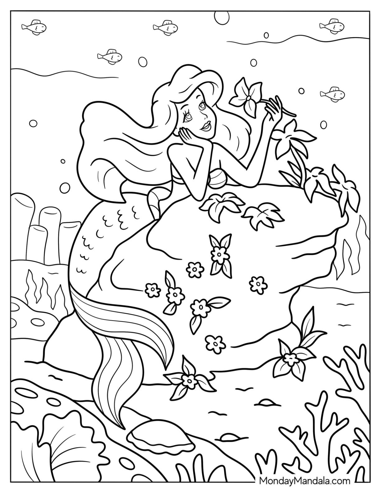 The Little Mermaid Coloring Page of Ariel Admiring a Flower