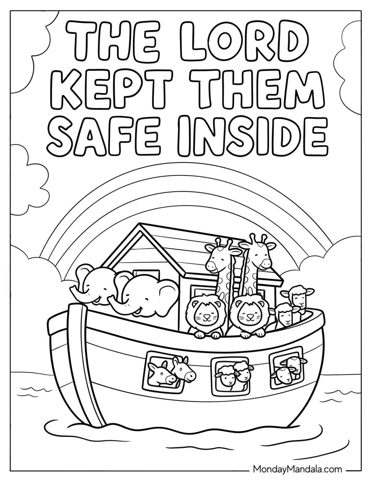 The Lord Kept Them Safe Inside Noah's Ark Coloring Page with Rainbow