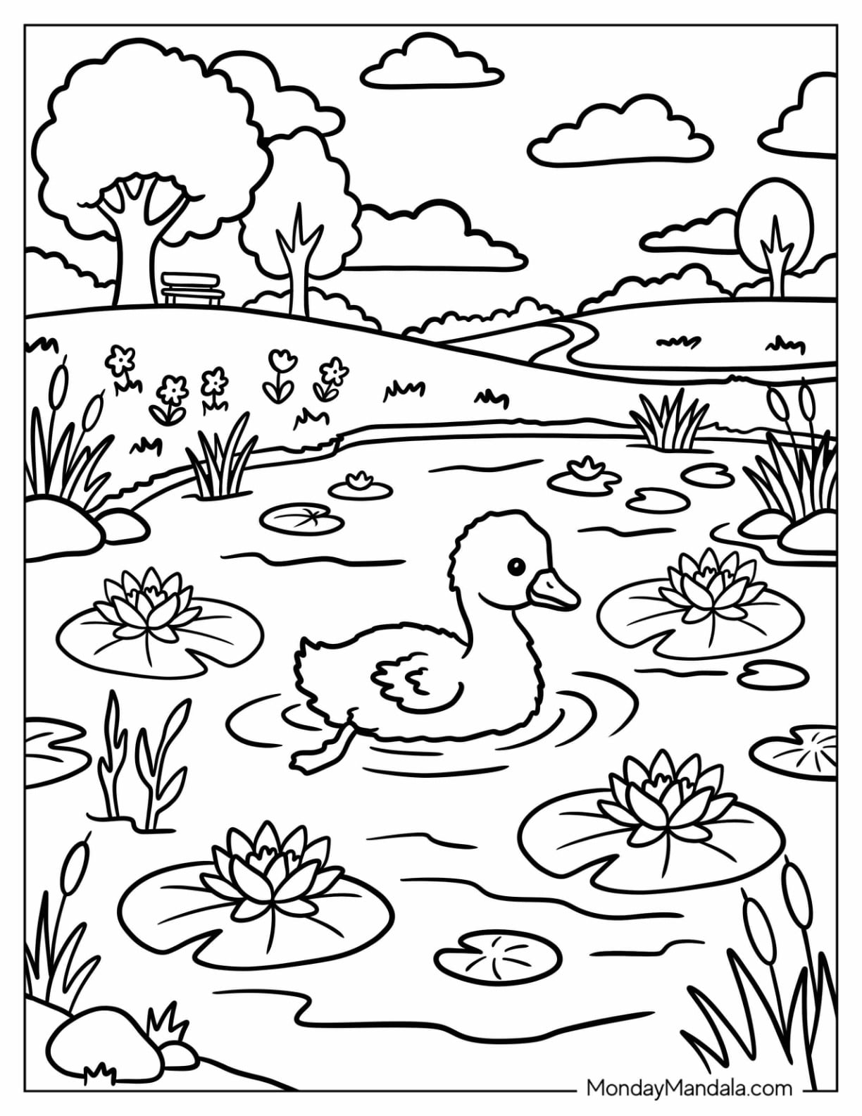 The Ugly Duckling Swimming Among Water Lilies Coloring Page