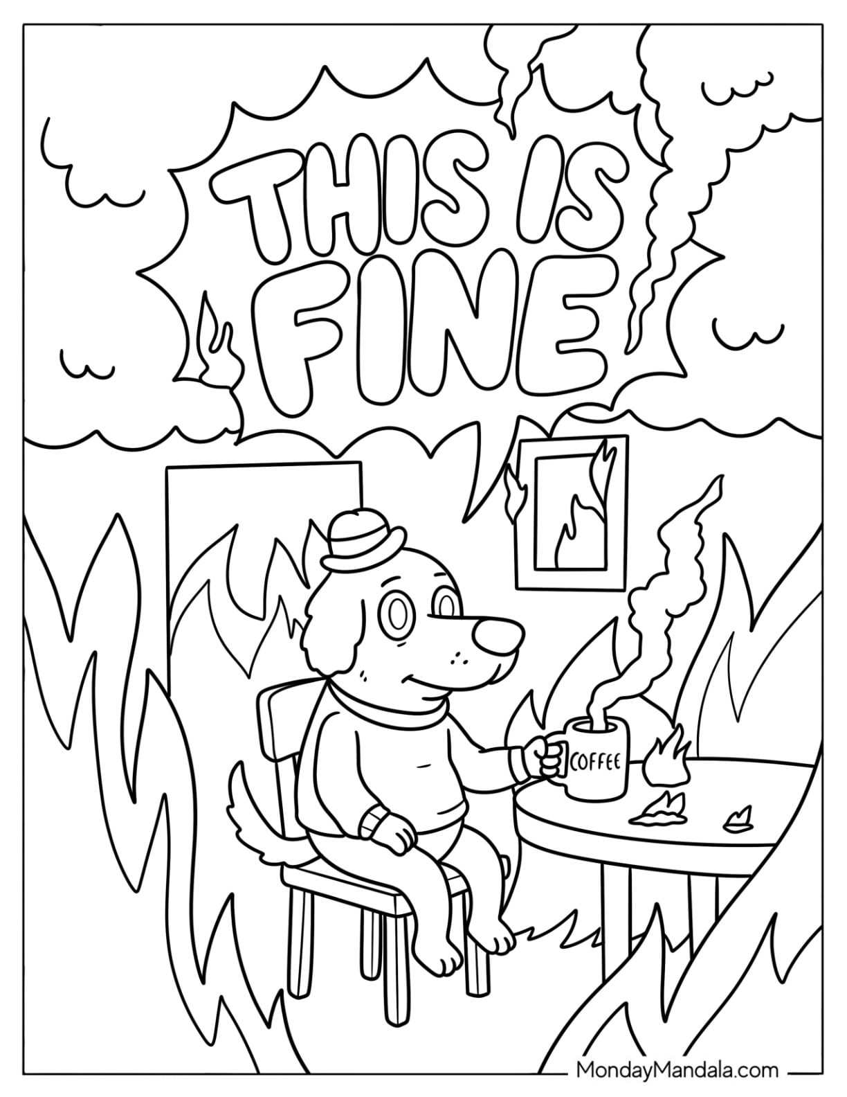 This Is Fine Dog Drinking Coffee in a Burning Room Coloring Sheet