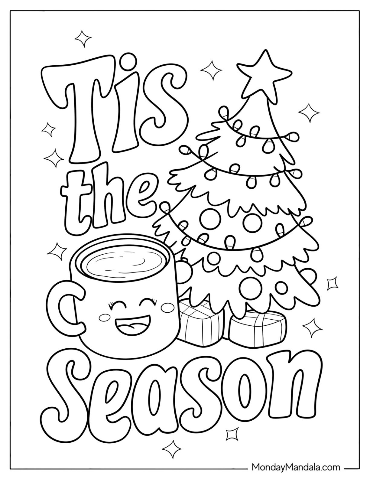 This is the Season Text with Christmas Tree Coloring Page and Smiling Mug for Kids