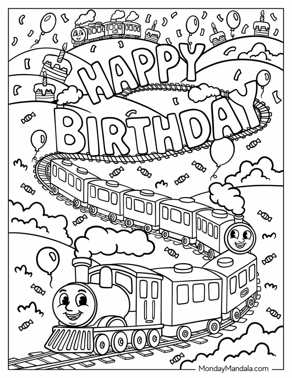 Thomas and Friends Train with Balloons and Happy Birthday Greeting Coloring Page