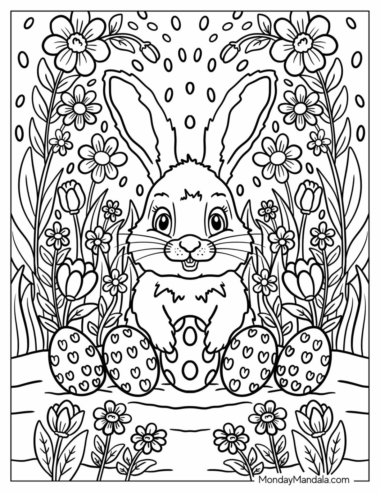Thoughtful Easter Bunny Coloring Page with Eggs and Spring Flowers