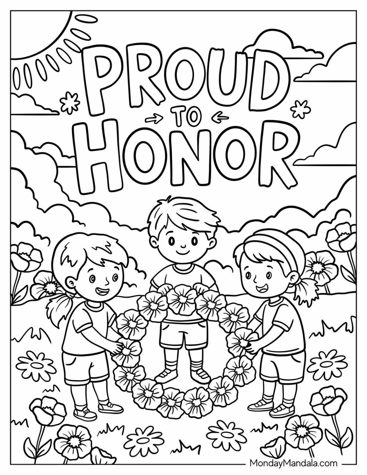 Three Children Holding a Memorial Day Coloring Page Flower Wreath Under ‘Proud to Honor’ Text