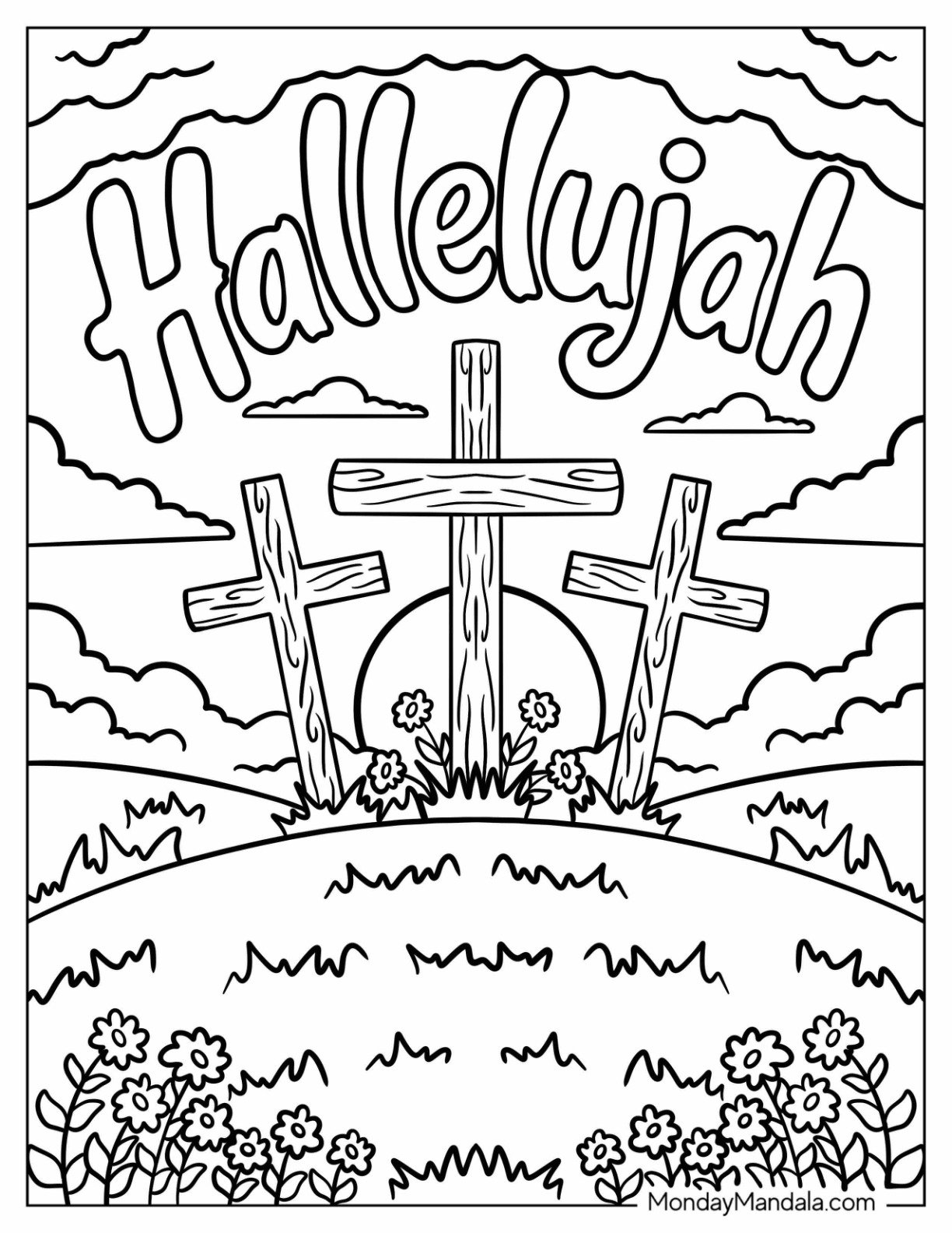 Religious Easter Coloring Page of Three Crosses on a Hill for Kids