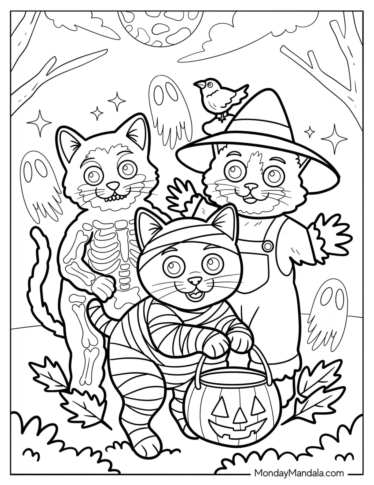 Three Halloween Cat Coloring Page in Costumes Trick or Treating