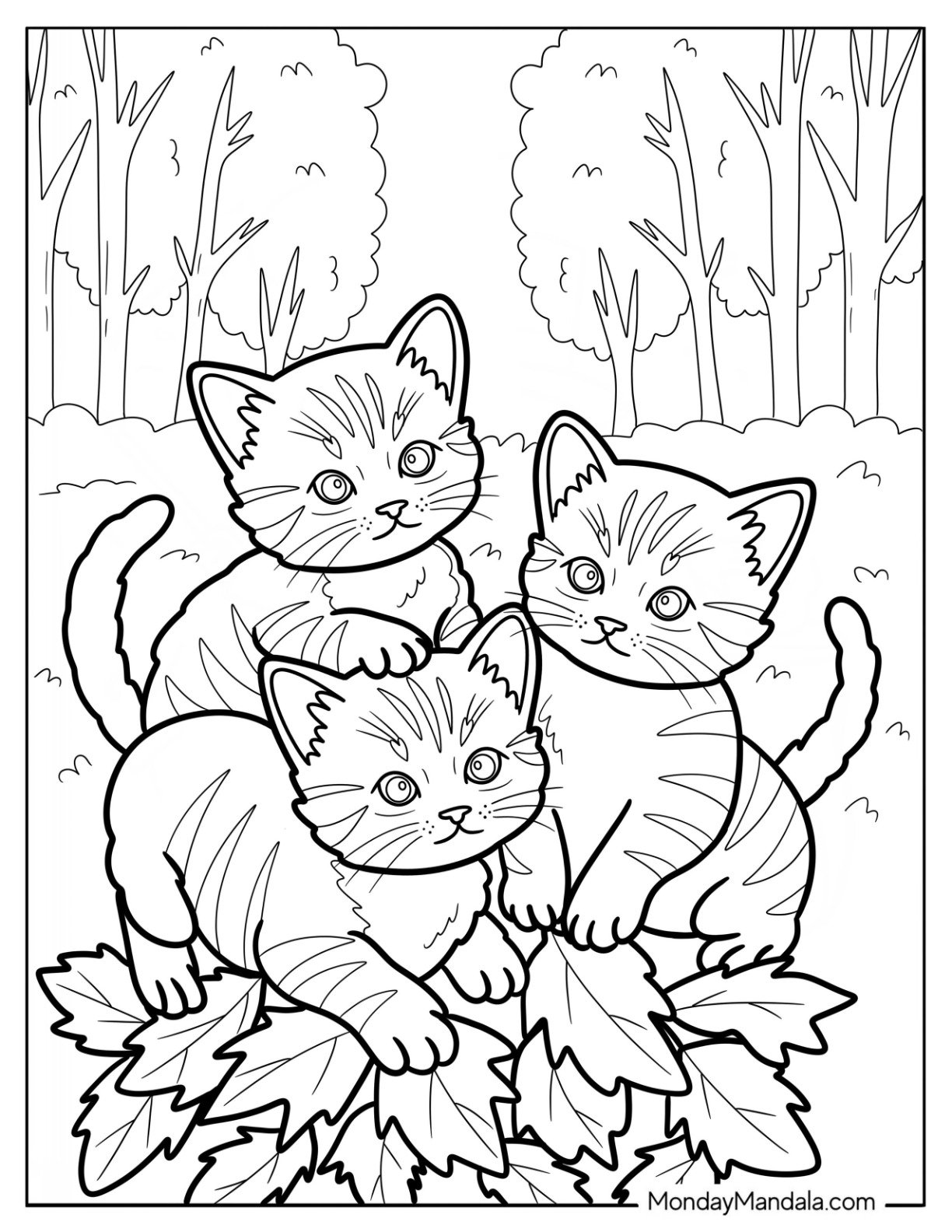 Three Kitten Coloring Page Playing with a Pile of Fall Leaves