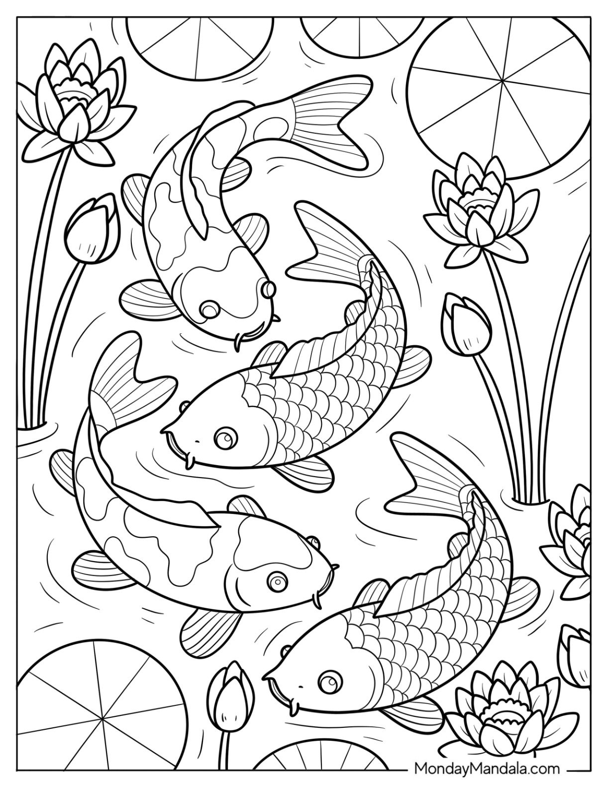 Fish Coloring Page of Three Koi Fish Swimming Around Lotus Flowers