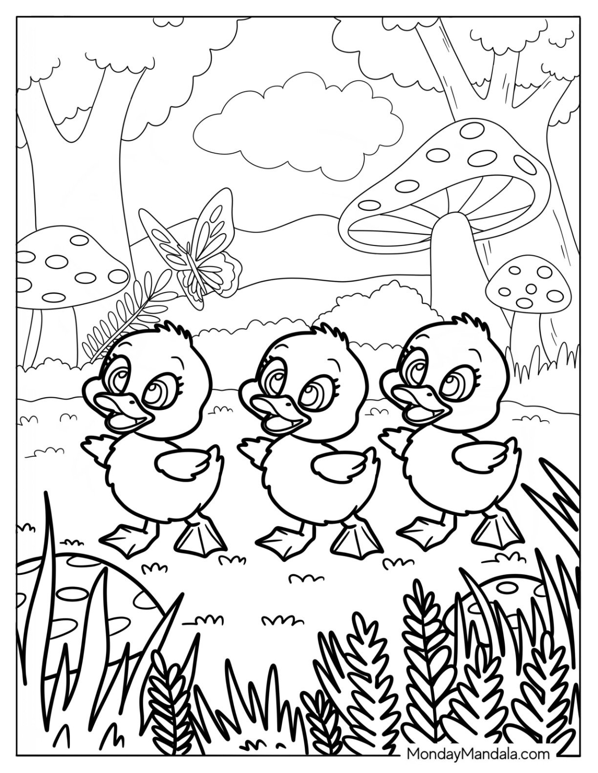 Three Little Ducklings In The Forest Coloring Sheet For Kids
