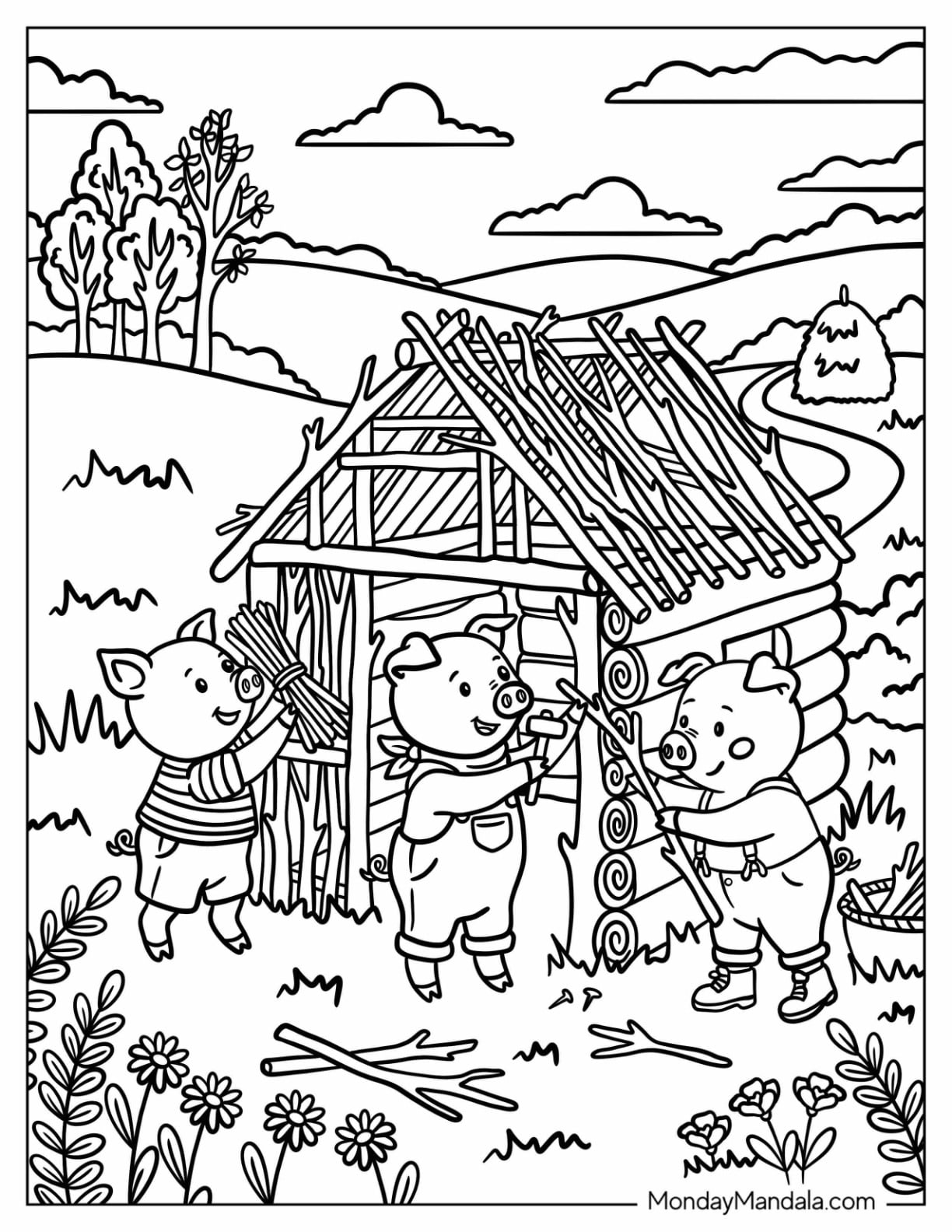 Three Little Pigs Building a Stick House Coloring Page