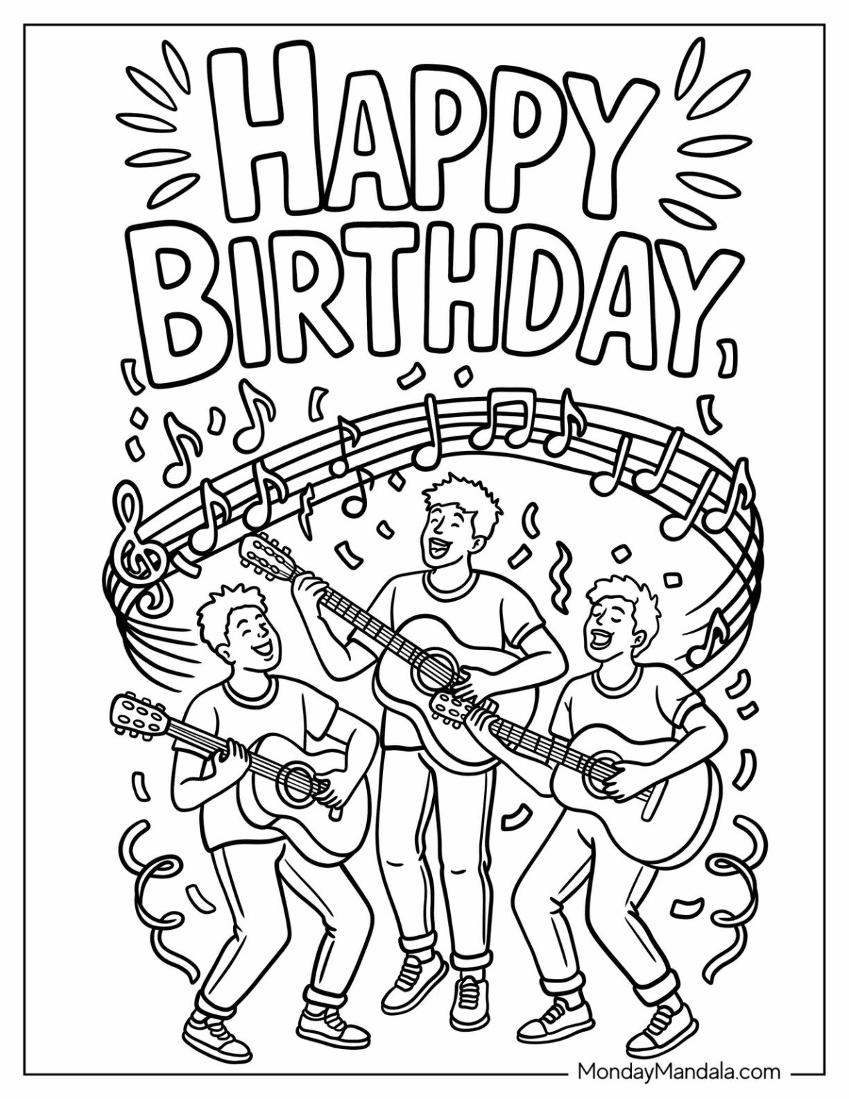 Three Men with Guitars Singing Happy Birthday Coloring Sheet