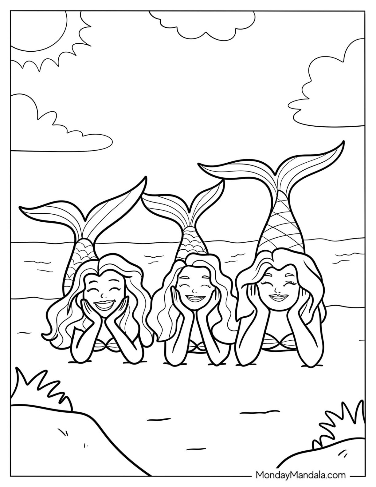 Three Mermaid Coloring Page Smiling and Posing Together at the Beach