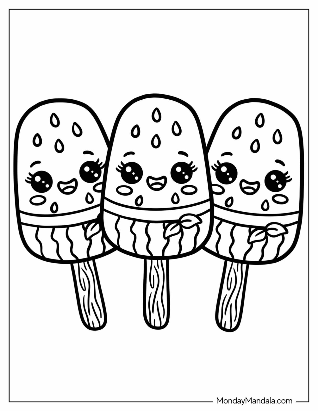 Three Watermelon Popsicles with Bow Decorations Coloring Page for Kids