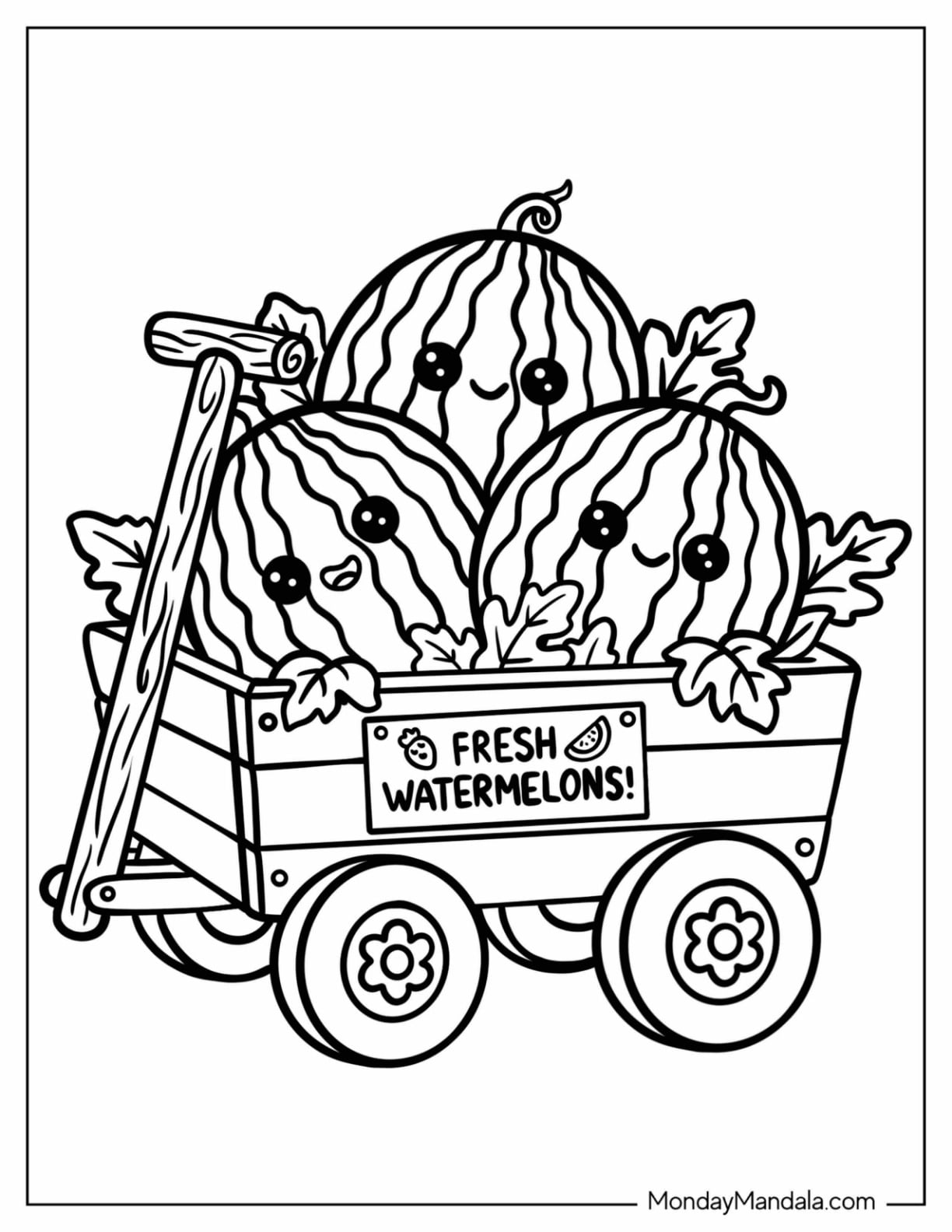 Three Watermelons Riding in a Fresh Fruit Wagon Coloring Page for Kids