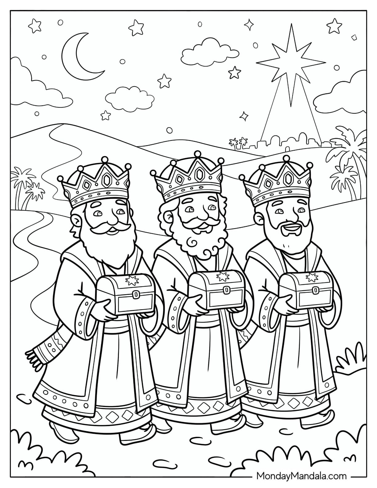 Christian Christmas Coloring Page of Three Wise Men Following the Christmas Star