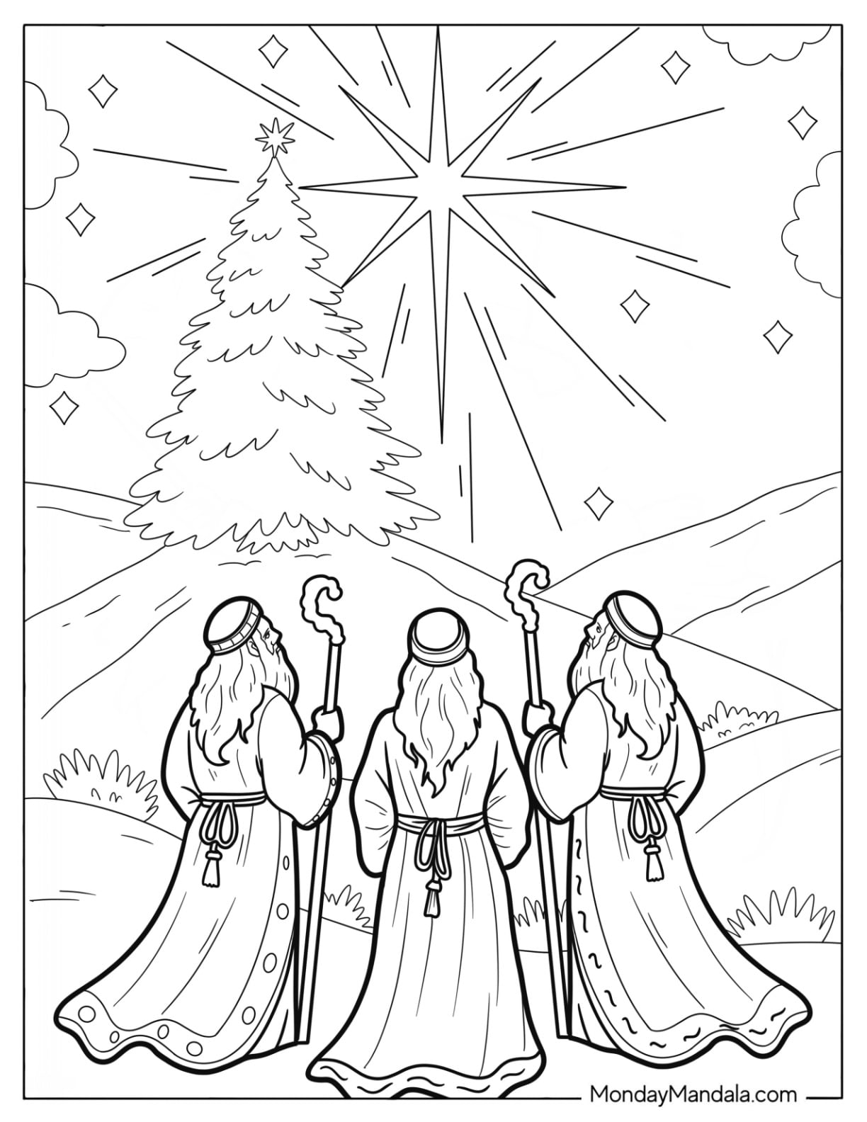 Three Wise Men Kneeling in Front of the Star and a Christmas Tree