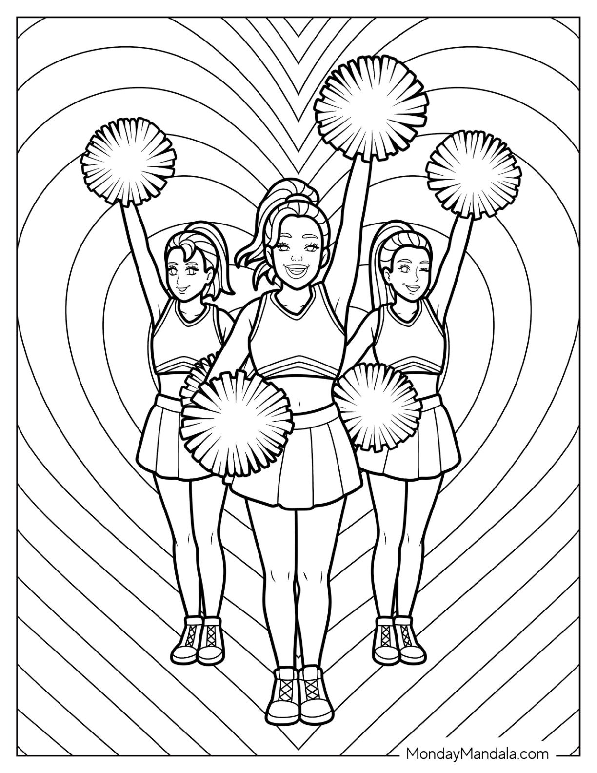 Cheerleading Coloring Page Of Three Woman Cheer Squad with Love Heart Background