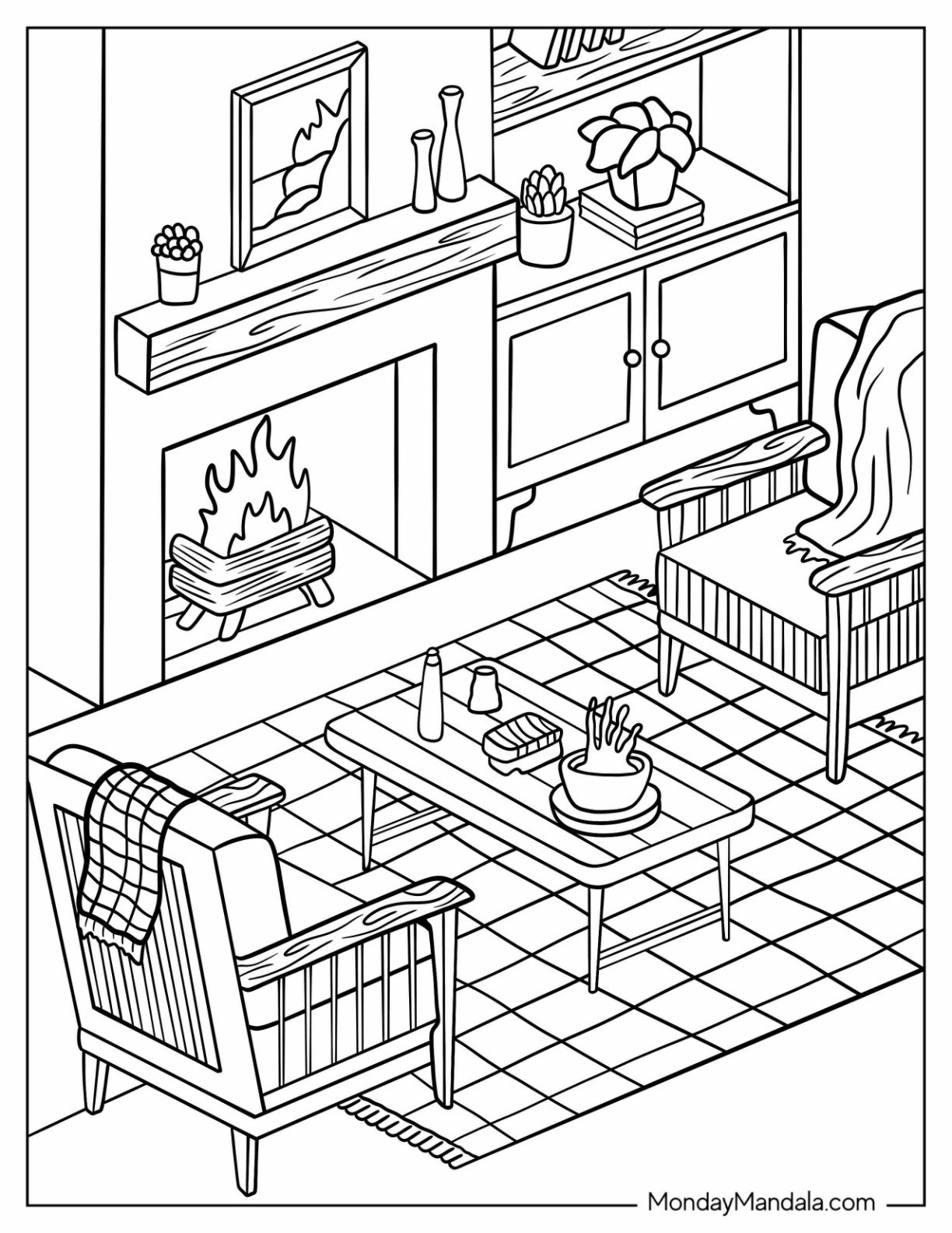 Tidy Modern Living Room With Fireplace Coloring Page For Kids