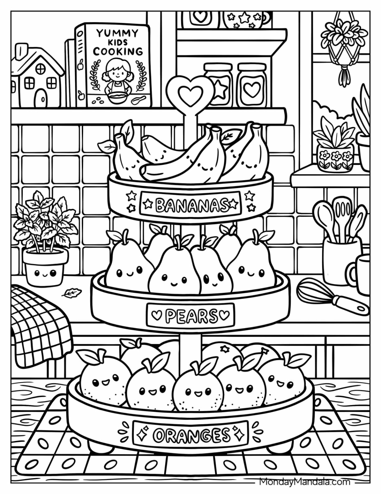 Tiered Fruit Stand with Banans, Pears, and Oranges