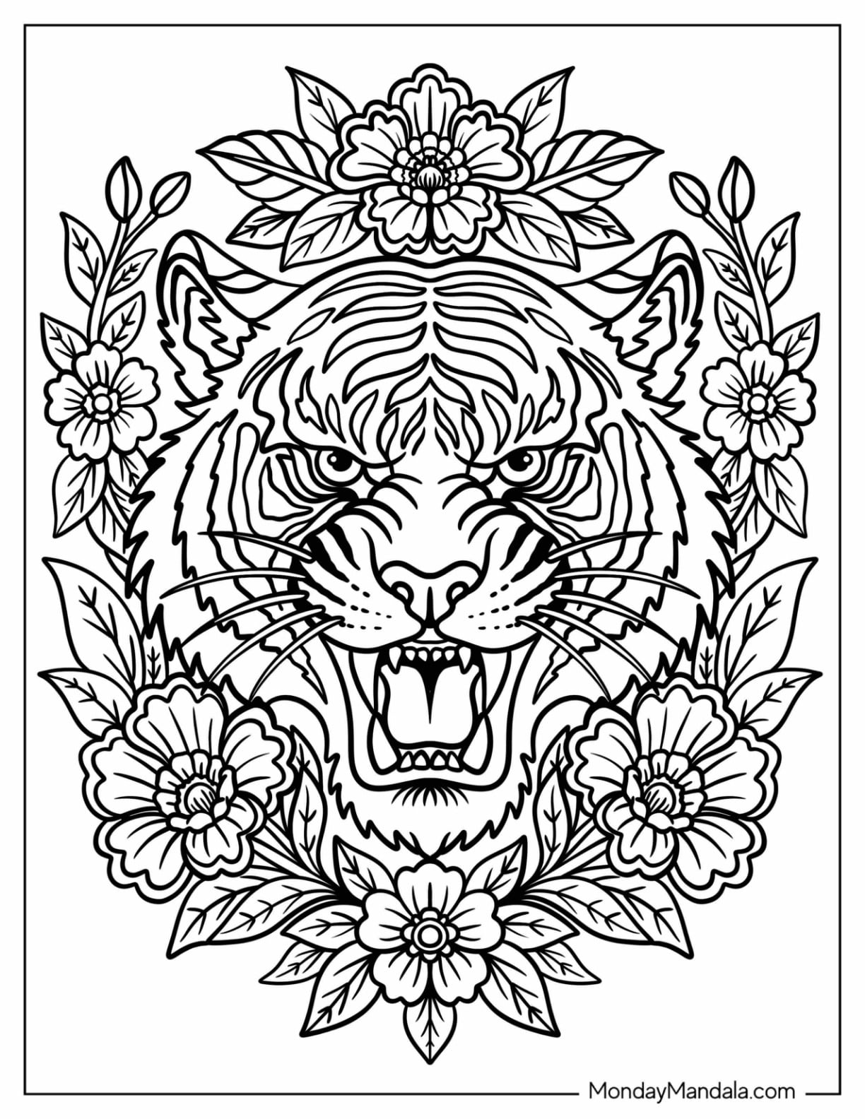 Tiger Head with Floral Design Tattoo Coloring Page