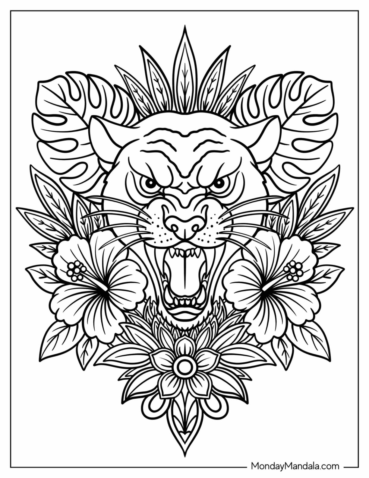 Tiger Head with Hibiscus Flowers and Tropical Leaves Tattoo Design Coloring Page