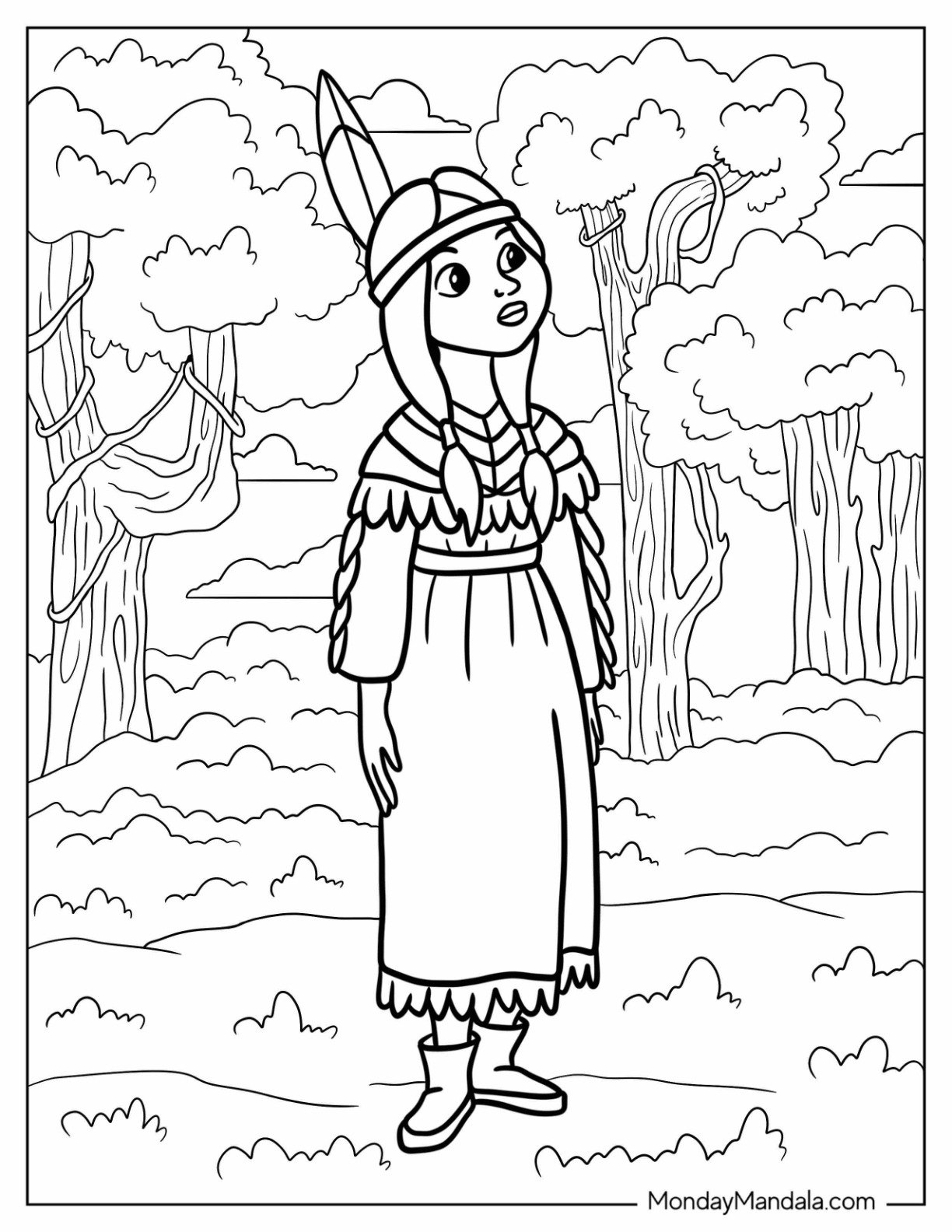 Peter Pan Coloring Page of Tiger Lily Surrounded by Trees and Clouds in Neverland Forest Coloring Page
