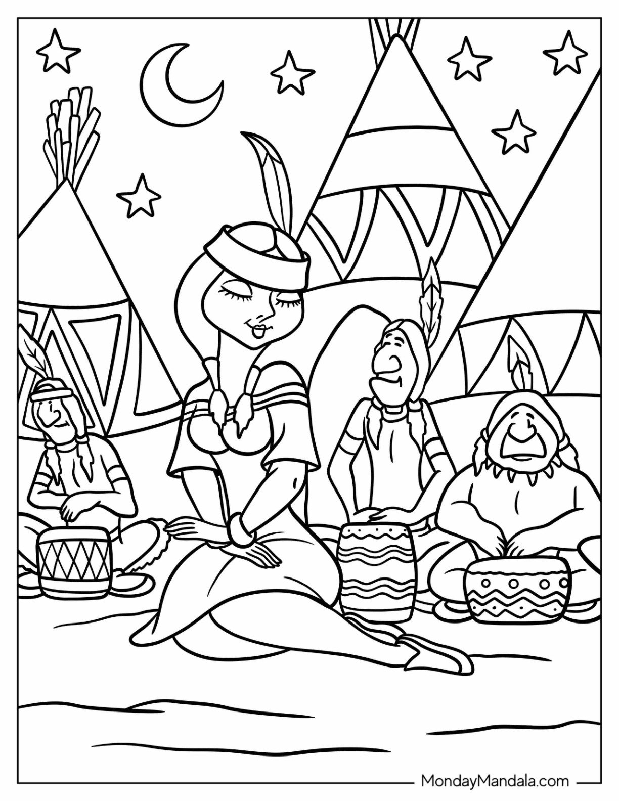 Peter Pan Coloring Page of Tiger Lily and Tribe around a Campfire in Neverland Coloring Page for Kids