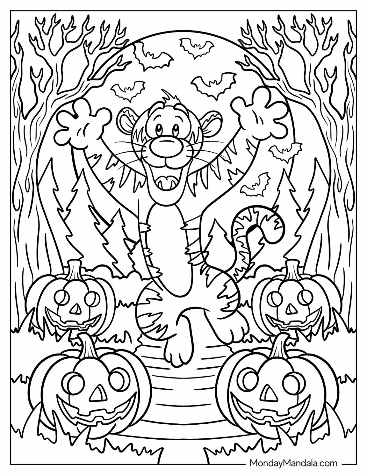Disney Halloween Coloring Page of Tiger Skipping on Road with Jack O Lanterns Disney Halloween