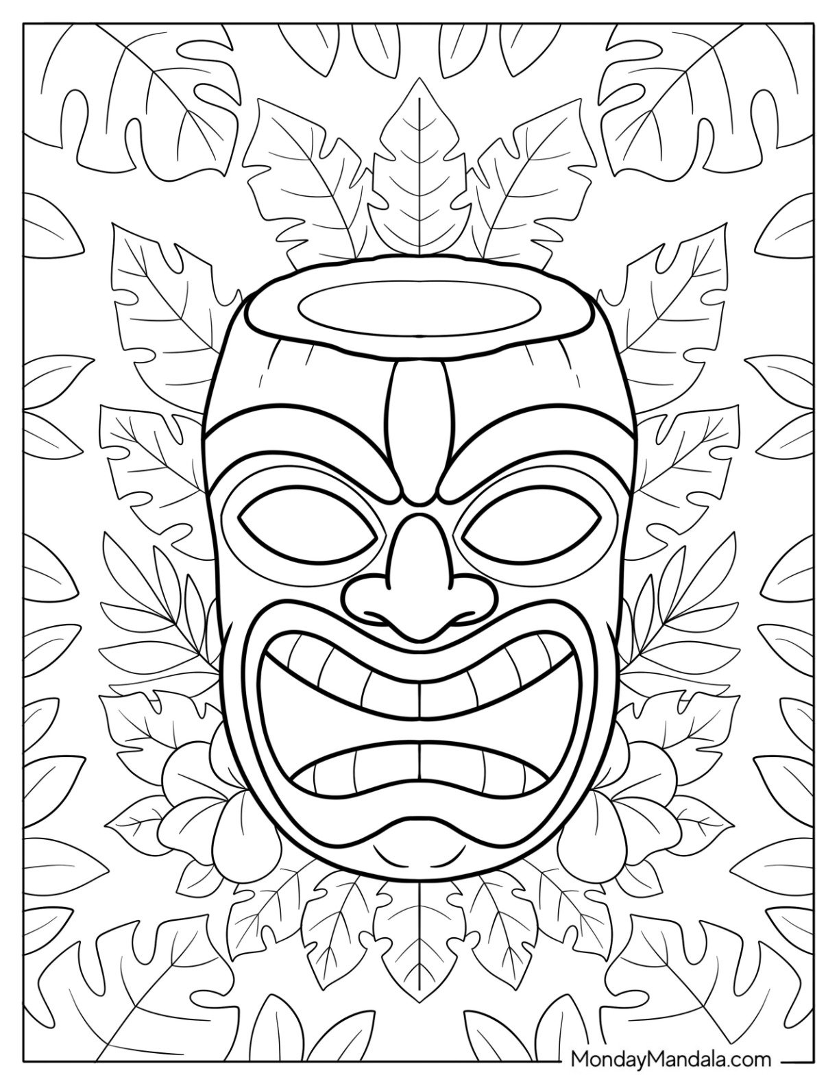 Tiki Mask with Coconut Bowl Design and Tropical Leaves Background Coloring Sheet