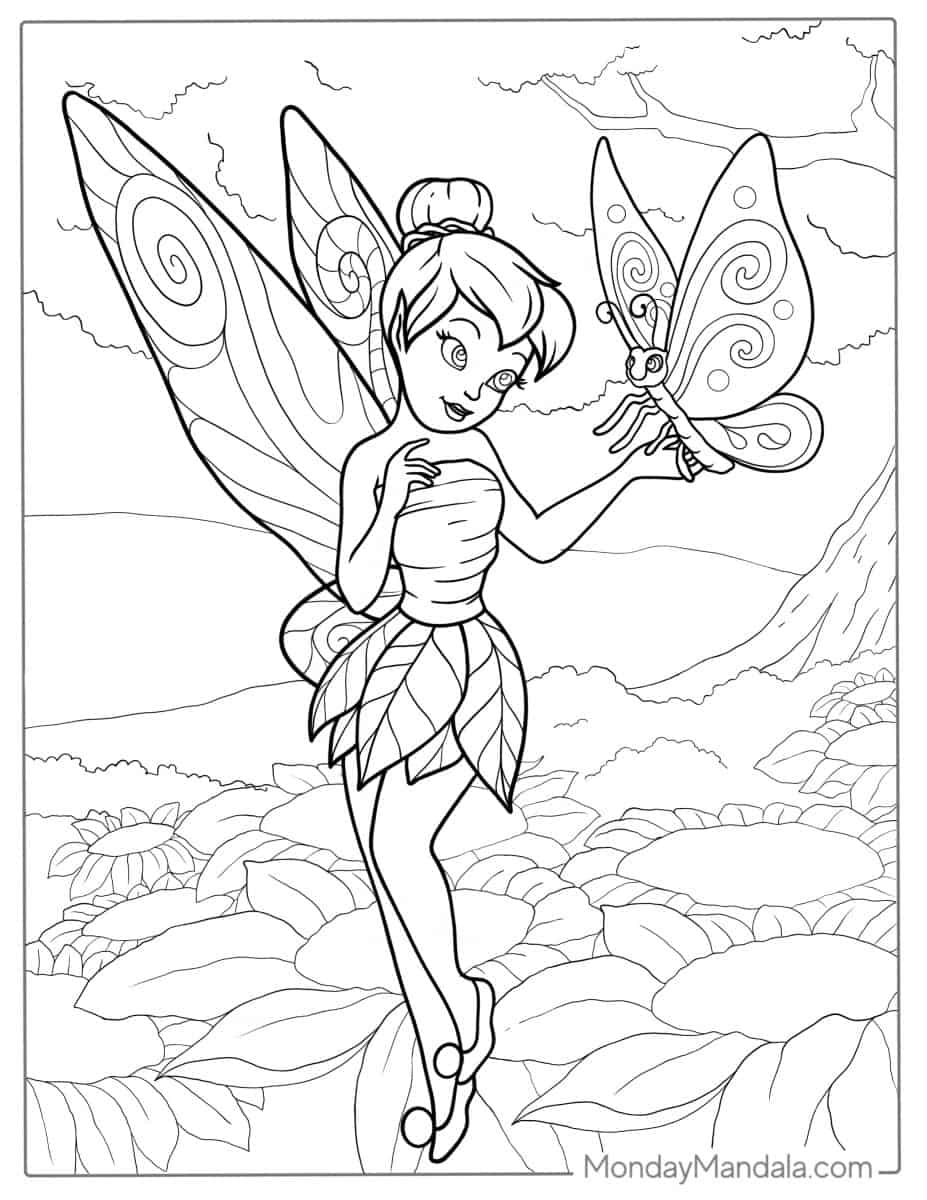 20 Tinker Bell Coloring Pages Free - Tinker Bell With Butterfly Coloring Page 927x1200
