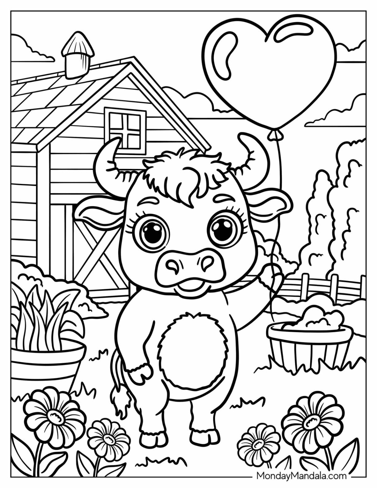 Tiny Bull Coloring Page in a Farm Garden Holding a Love Heart Balloon for Kids